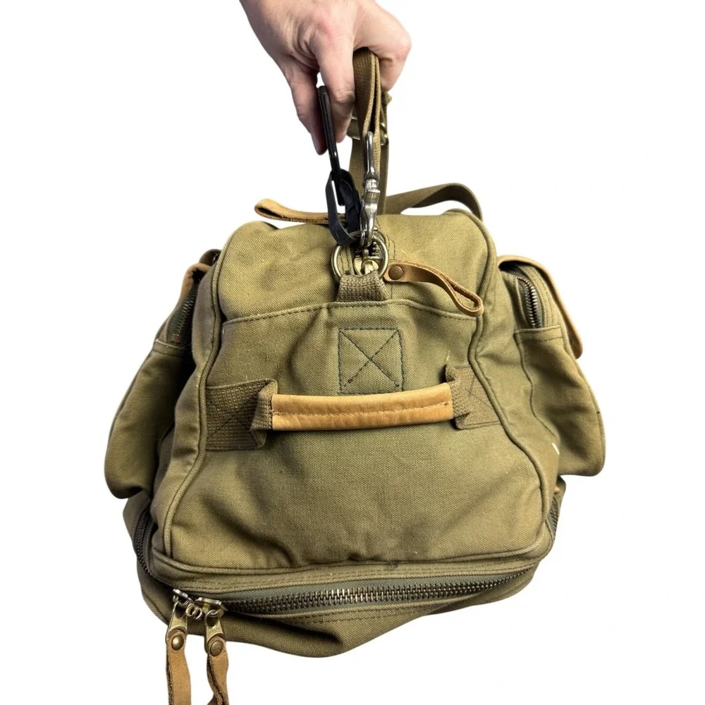 Vintage Eddie Bauer Army Green Safari Canvas Leather Duffle Shoulder Utility Bag